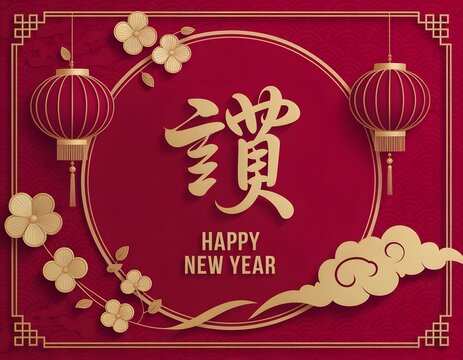 Elegant chinese new year greeting card design featuring traditional red background, golden calligraphy character, hanging lanterns, plum blossom, and auspicious cloud motif for festive celebration - Powered by Adobe