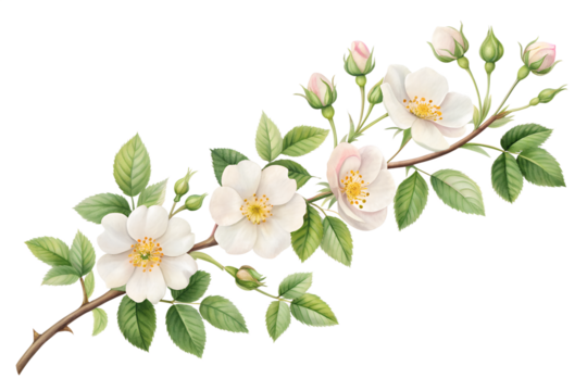 White Rose Branch Watercolor Illustration with Buds and Leaves