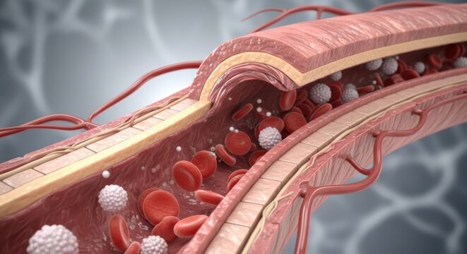 Cross-section of a blood vessel showing red and white blood cells flowing