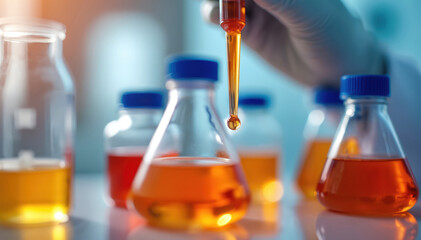 Scientist drips orange liquid from pipette into flask with yellow fluid. Beakers with colorful chemicals arranged in lab. Research test, chemical analysis, science experiment.