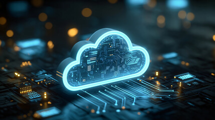 Glowing blue cloud icon with circuit board pattern, digital technology, futuristic data storage, and cyber security concept, illuminated on dark background