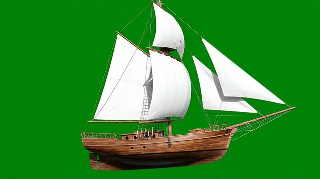 Vintage Wooden Sailing Ship with White Sails on Green Screen.