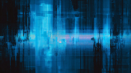 Abstract tech background with digital glitch distortion blue tones futuristic modern energetic technology digital art vertical lines pixelated dynamic
