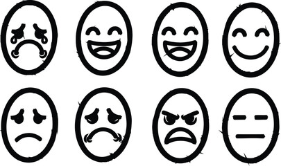 Hand drawn emoticons representing various emotions and feelings in simple black and white