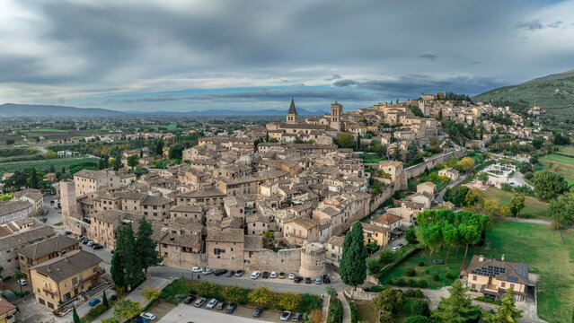 Aerial view of Spello enclosed in a circuit of medieval walls built on Roman foundations, including three Roman Late Antique gates