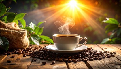 Steaming cup of fresh coffee on roasted beans in warm sunlight, surrounded by green coffee leaves, morning energy and artisan café concept.