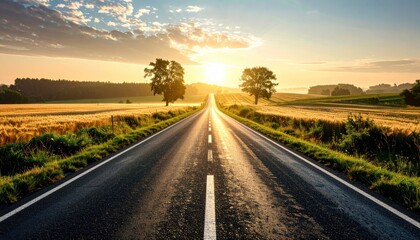 Straight asphalt road stretching into sunrise through rural fields, warm golden light and dramatic sky. Ideal for journey, future, success, freedom, travel, motivation, new start.