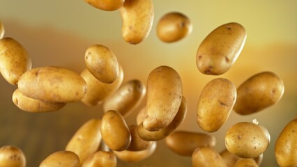 Freeze motion of flying early potatoes , Close-up