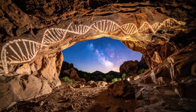 Night view from cave with glowing DNA helix light art on rock ceiling and starry sky outside. Concept of genetics, evolution, science fiction, human origins, mystery