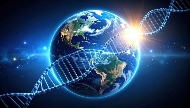 Planet Earth in outer space wrapped by glowing DNA helix, blue light and stars. Ideal for biotech, genetics, global health, innovation, science, future, technology, life on Earth.
