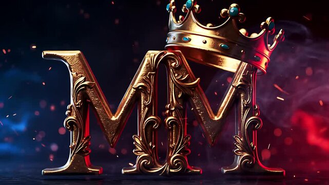 Golden initial MM letter with decorative elements and a royal crown