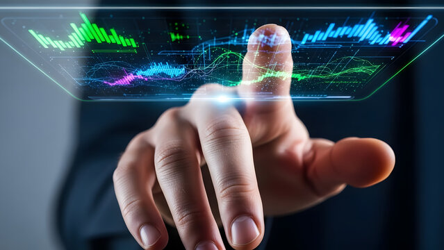 Hand interacting with futuristic financial data display