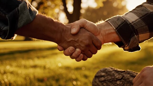 Two hands clasping in a firm handshake outdoors during golden hour Sunlight illuminates the scene Grass and trees visible in background