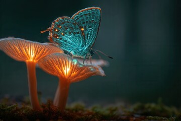 Ethereal butterfly on glowing bioluminescent mushrooms