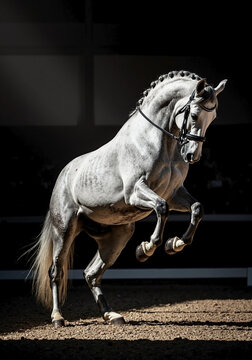 Magnificent gray horse performing a levade against dark background in equestrian center, showcasing power. Gray horse exhibits strength and grace during training, showcasing athleticism.