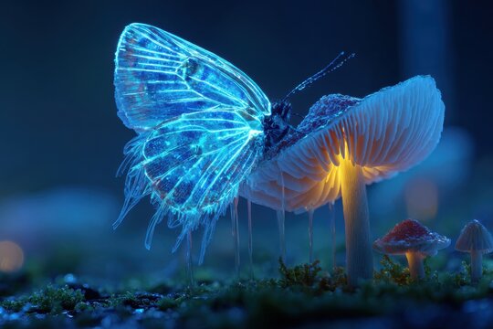 Ethereal butterfly rests on glowing bioluminescent mushroom - Powered by Adobe