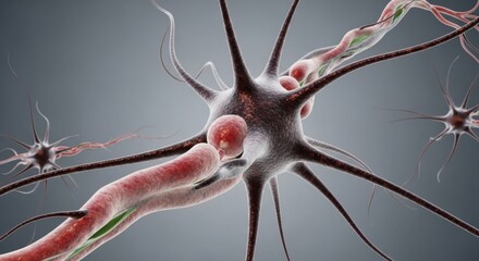 Human neuron cell body with dendrites and axon, depicting neural transmission and communication pathways.
