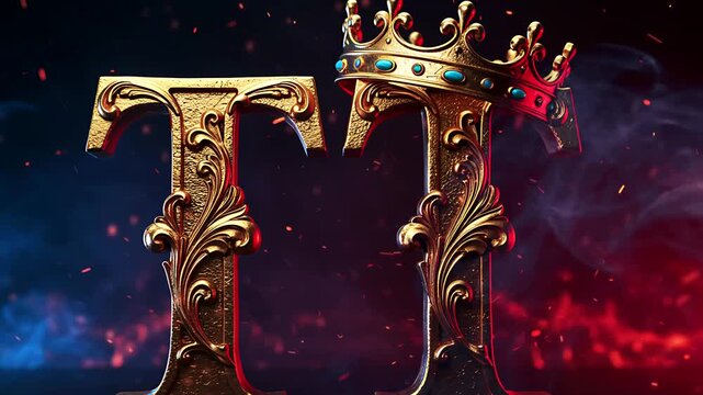 Golden ornate letter TT with crown for royal design concept artwork