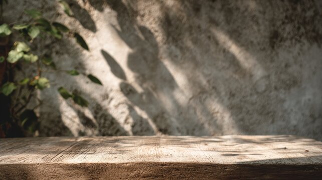 Empty wooden table surface with dramatic sunlight and leaf shadow pattern on a textured concrete wall background