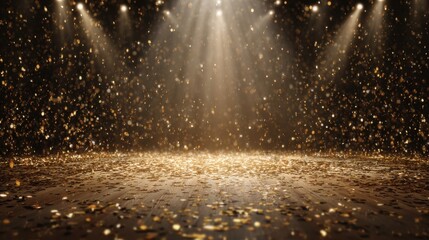 Empty stage illuminated by bright spotlight beams with falling golden confetti creating a festive and celebratory atmosphere