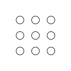 A simple grid pattern featuring nine white circles arranged in a square formation on a white background
