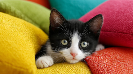 A curious black and white kitten peeks out from a pile of colorful pillows, showcasing its big, bright eyes against a vibrant backdrop.