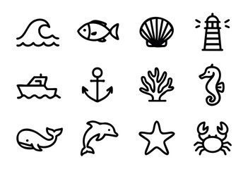 Fototapeta premium Set of minimalist ocean icons in bold-line style: wave, fish, shell, lighthouse, boat, anchor, coral, seahorse, whale, dolphin, starfish, crab.