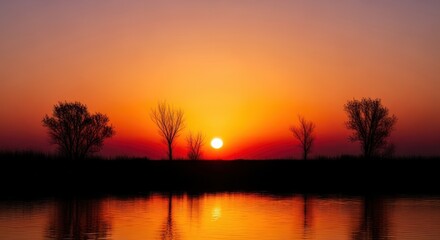 Obraz premium Captivating tranquil nature scene at the horizon during the golden hour sunset, casting dramatic silhouettes and invoking deep serenity and peace, serenity, background, wilderness