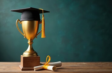 Shiny gold trophy cup with black graduation cap, yellow tassel prominently sits on wooden table. Rolled diploma tied with yellow ribbon rests beside. Signifies academic success, learning, achievement.