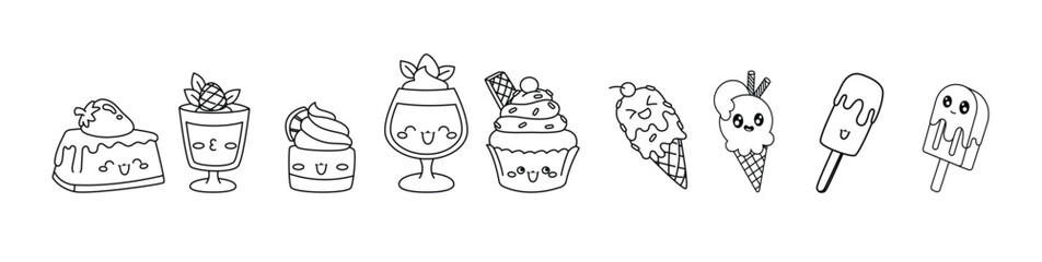 Kawaii ice cream dessert in a waffle cup, black outline, vector illustration in cartoon style. Vector illustration