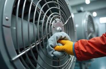 Person cleans industrial ventilation fan. Worker in protective gear wipes down the fan blades. Maintenance work, air conditioning system service. Cleaning tech uses cloth to remove dust.