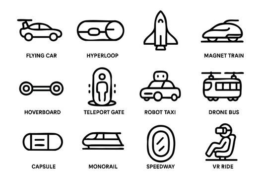Set of minimalist futuristic transport icons in bold-line style: flying car, hyperloop, space shuttle, magnetic train, hoverboard, teleport gate, robot taxi, drone bus, capsule, monorail, speedway, VR