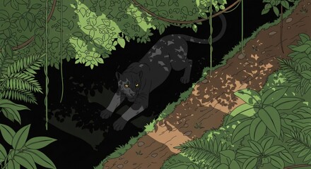 Fototapeta premium Black Panther in Dense Jungle Foliage with Sunlight and Shadows.