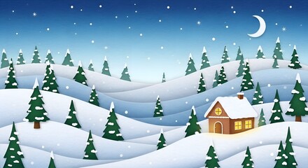 Winter landscape with snowy hills and cozy cabin under moonlight  