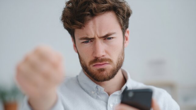 Young man with curly hair and a beard, holding a smartphone in his right hand and pointing his index finger towards the camera. he appears to be angry or frustrated, with a frown on his face.