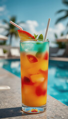 A vibrant tropical drink with orange, red, and green hues, garnished with a slice of orange and mint, sits in a tall glass on a tropical poolside.