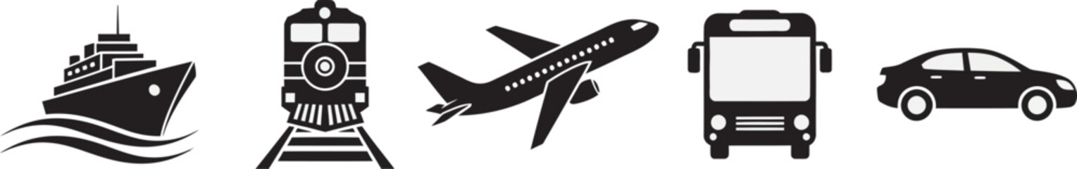 Obraz premium Diverse modes of transportation icons: ship, train, airplane, bus, and car, representing global travel and logistics solutions. Vector