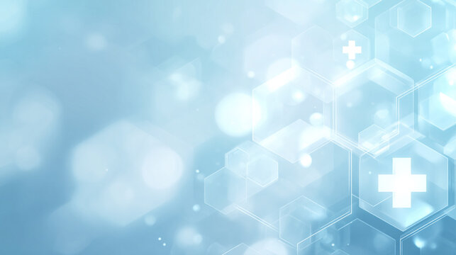 Medical healthcare background with hexagons and white cross symbols. Blue bokeh abstract background. For medical presentations, healthcare websites, pharmaceutical materials, hospital communications