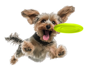 Playful funny Yorkshire Terrier pet dog catching a green frisbee isolated PNG cutout, transparent background. Canine training, active happy healthy doggy playing