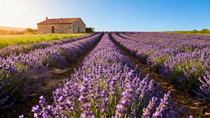 Idyllic vibrant purple lavender field with a rustic stone house under a clear blue sky at sunset, showcasing rural tranquility and natural beauty.
