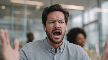 Obraz premium Man with dark hair and a beard, wearing a grey polo shirt, with his mouth open wide and his hands raised in the air, as if he is shouting or shouting.