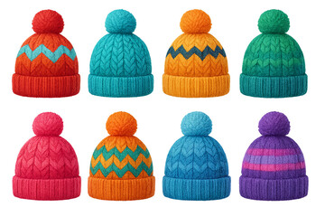 colorful set of winter hats isolated on transparent background .