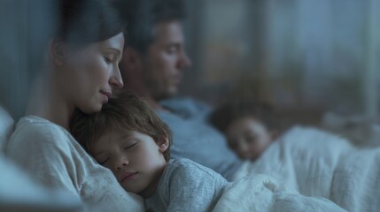 Obraz premium Family of three - a mother, father, and son - sleeping in bed together. the mother is on the left side of the image, with her head resting on the son's shoulder.
