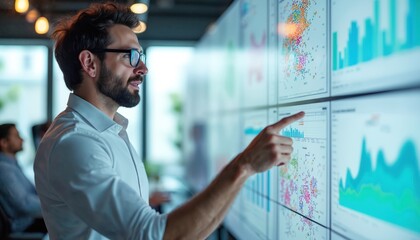 Data scientist presents findings on large screen. Man points at data visualization. Teamwork collaboration tech innovation at workspace. Charts graphs and models on display.