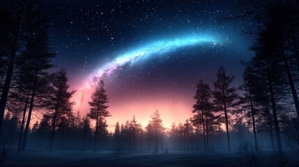 Fototapeta premium Night sky with vibrant Milky Way arc above a tranquil winter forest