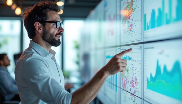 Data scientist presents findings on large screen. Man points at data visualization. Teamwork collaboration tech innovation at workspace. Charts graphs and models on display.