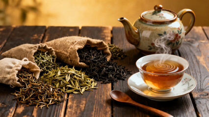 Steaming hot traditional tea in a ceramic cup with teapot and assorted loose leaf green, black, and white teas on a rustic wooden table for a cozy, healthy beverage experience.