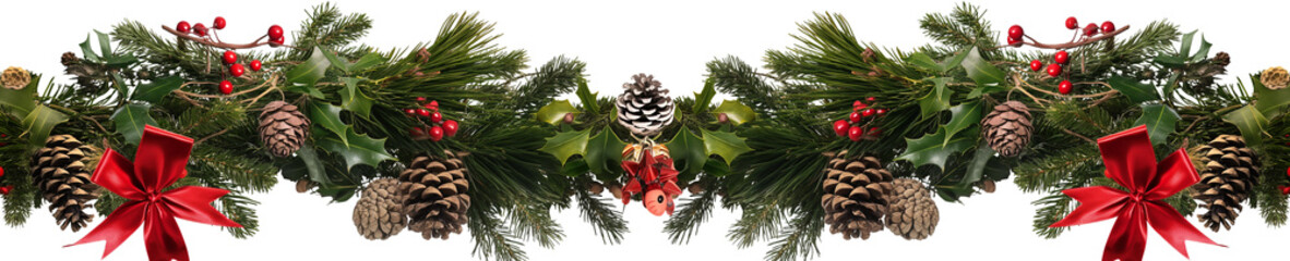 Fototapeta premium Christmas garland with pine cones, red bows and festive berries isolated on transparent background, realistic holiday decoration border (PNG 9792x1984)