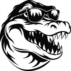 A ferocious black dinosaur head sports cool sunglasses, revealing sharp teeth with a comical look