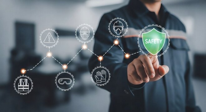 Workplace safety – Worker activating digital PPE safety icons emphasizing industrial hazard prevention and stronger workplace protection systems.
